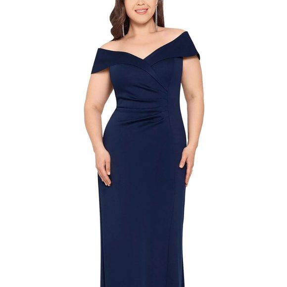 XSCAPE Off-the-Shoulder Gown Navy Plus Size 22W - Picture 1 of 3